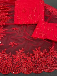 FWSNX FANCY BUTTERFLY NET THREAD AND SEQUINS EMBROIDERED SAREE - Red