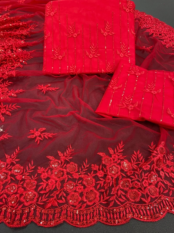 FWSNX FANCY BUTTERFLY NET THREAD AND SEQUINS EMBROIDERED SAREE - Red