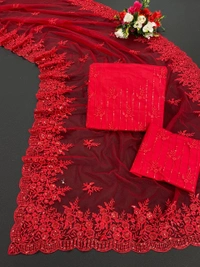 FWSNX FANCY BUTTERFLY NET THREAD AND SEQUINS EMBROIDERED SAREE - Red