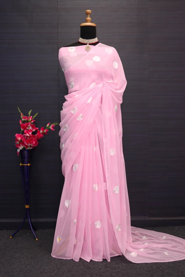 FWSNX FANCY CHIN STITCH WORK FAUX GEORGETTE SAREE WITH BLOUSE PIECE - Pink