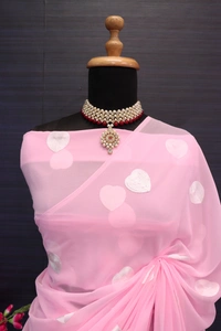 FWSNX FANCY CHIN STITCH WORK FAUX GEORGETTE SAREE WITH BLOUSE PIECE - Pink