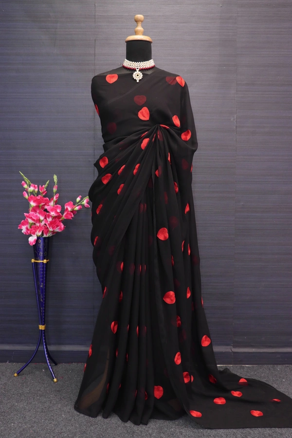 FWSNX FANCY CHIN STITCH WORK FAUX GEORGETTE SAREE WITH BLOUSE PIECE - Black
