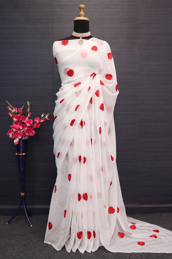 FWSNX FANCY CHIN STITCH WORK FAUX GEORGETTE SAREE WITH BLOUSE PIECE - White