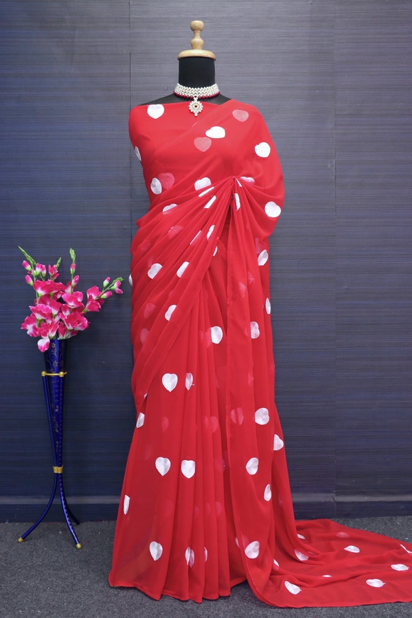 FWSNX FANCY CHIN STITCH WORK FAUX GEORGETTE SAREE WITH BLOUSE PIECE - Red