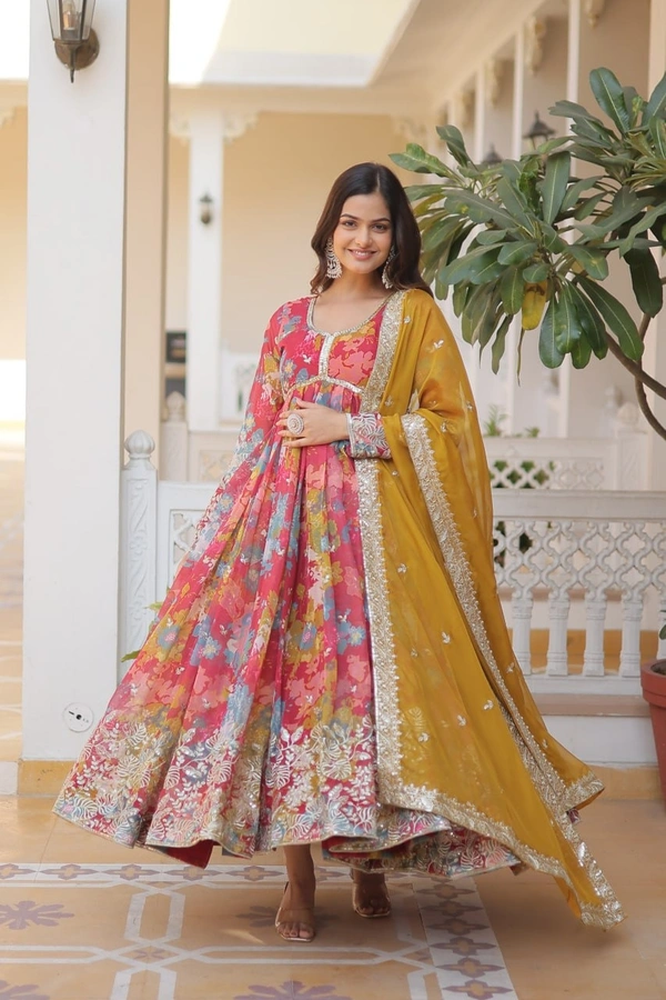 FWKA PREMIUM DESIGNER ZARI SEQUINS WORK ALIA CUT GOWN WITH DUPATTA SET - M-38, Brink Pink