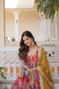 FWKA PREMIUM DESIGNER ZARI SEQUINS WORK ALIA CUT GOWN WITH DUPATTA SET - M-38, Brink Pink