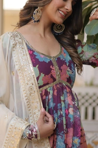 FWKA PREMIUM DESIGNER ZARI SEQUINS WORK ALIA CUT GOWN WITH DUPATTA SET - M-38, Wine Berry