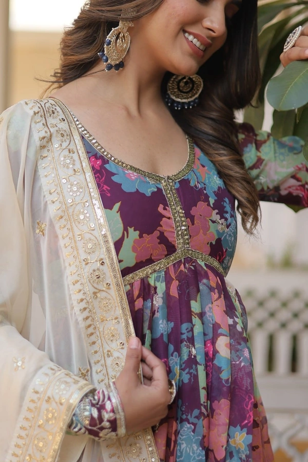 FWKA PREMIUM DESIGNER ZARI SEQUINS WORK ALIA CUT GOWN WITH DUPATTA SET - M-38, Wine Berry