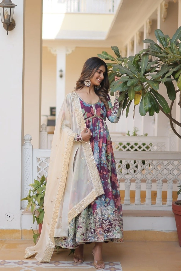 FWKA PREMIUM DESIGNER ZARI SEQUINS WORK ALIA CUT GOWN WITH DUPATTA SET - M-38, Wine Berry
