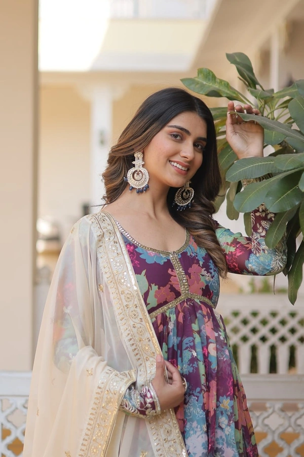 FWKA PREMIUM DESIGNER ZARI SEQUINS WORK ALIA CUT GOWN WITH DUPATTA SET - M-38, Wine Berry