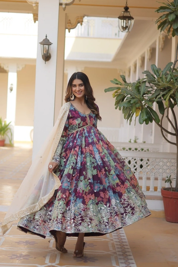 FWKA PREMIUM DESIGNER ZARI SEQUINS WORK ALIA CUT GOWN WITH DUPATTA SET - M-38, Wine Berry