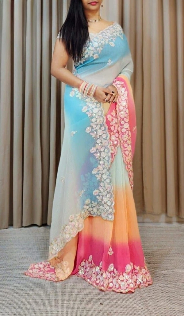FWSNX FANCY MULTI COLOR GEORGETTE SAREE WITH SEQUINS WORK WITH CRUSH - Multi Color
