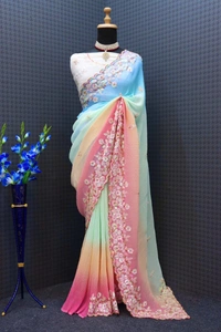 FWSNX FANCY MULTI COLOR GEORGETTE SAREE WITH SEQUINS WORK WITH CRUSH - Multi Color