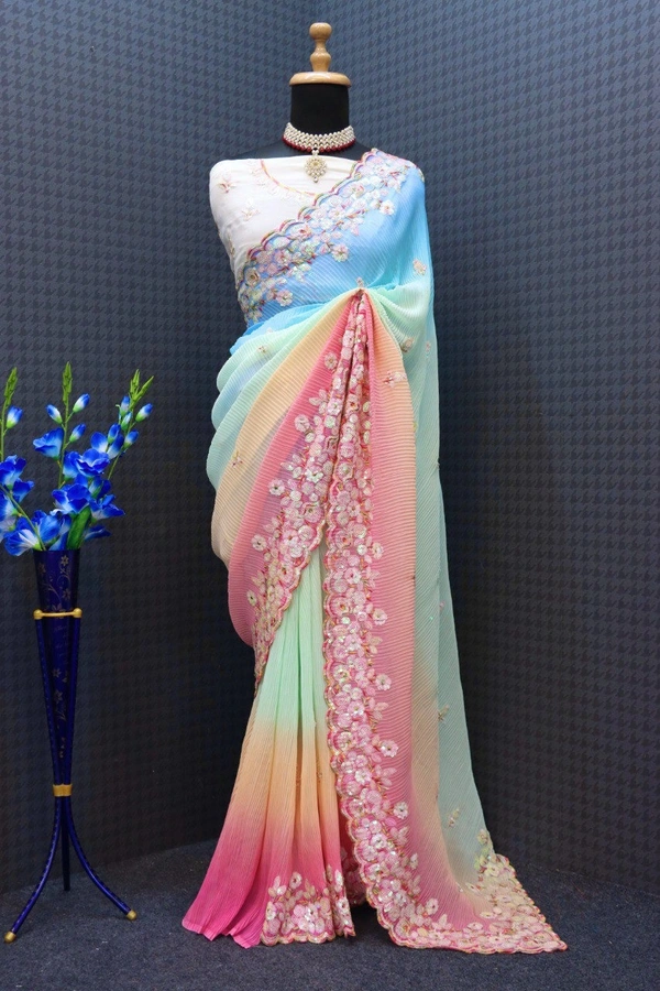 FWSNX FANCY MULTI COLOR GEORGETTE SAREE WITH SEQUINS WORK WITH CRUSH - Multi Color