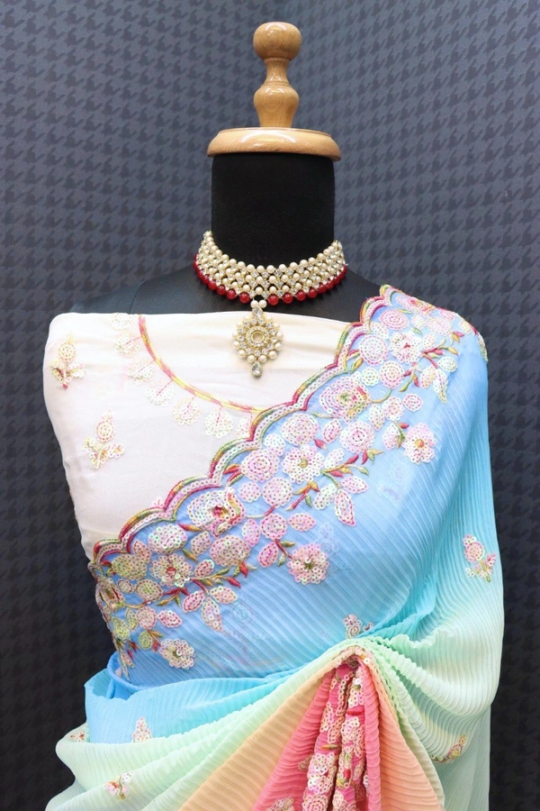 FWSNX FANCY MULTI COLOR GEORGETTE SAREE WITH SEQUINS WORK WITH CRUSH - Multi Color