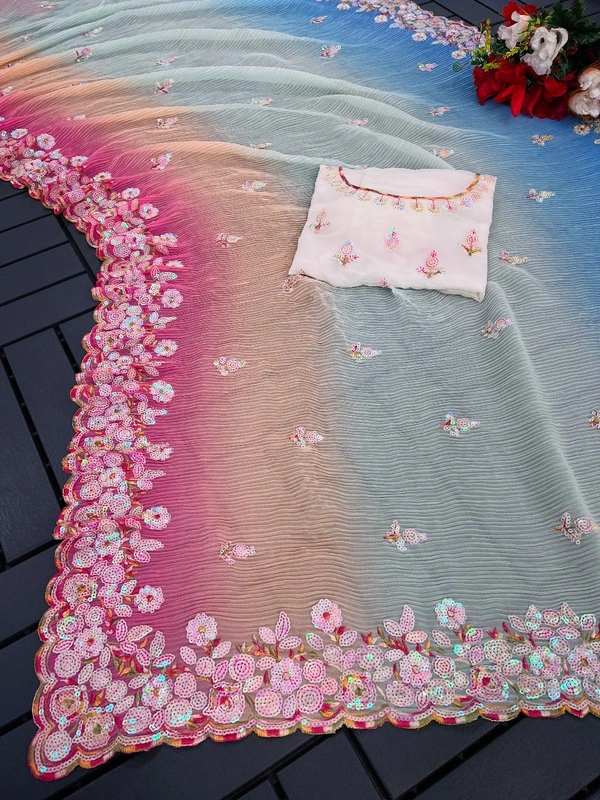 FWSNX FANCY MULTI COLOR GEORGETTE SAREE WITH SEQUINS WORK WITH CRUSH - Multi Color