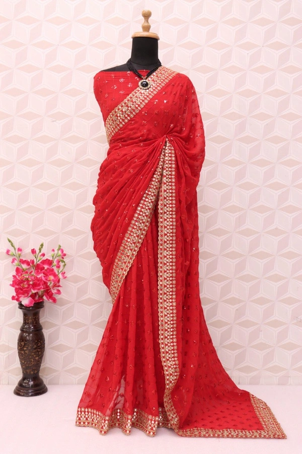 FWSNX FANCY RED GEORGETTE SAREE WITH THREAD AND SEQUINS WORK - Red