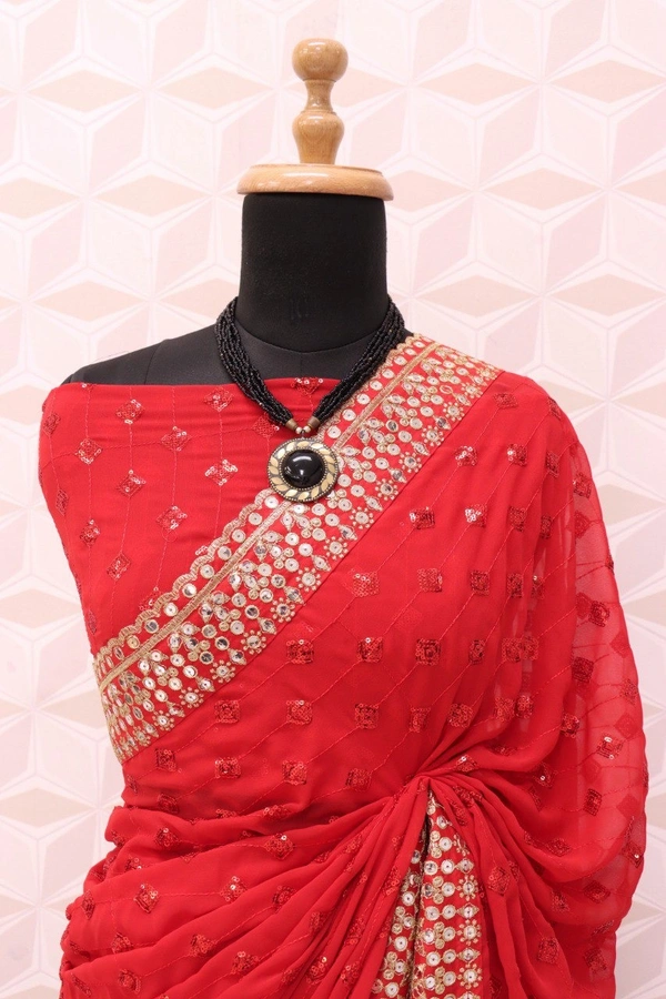 FWSNX FANCY RED GEORGETTE SAREE WITH THREAD AND SEQUINS WORK - Red