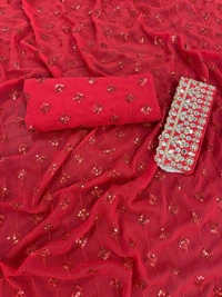FWSNX FANCY RED GEORGETTE SAREE WITH THREAD AND SEQUINS WORK - Red