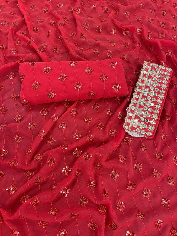 FWSNX FANCY RED GEORGETTE SAREE WITH THREAD AND SEQUINS WORK - Red