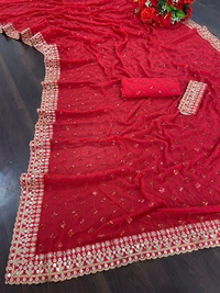 FWSNX FANCY RED GEORGETTE SAREE WITH THREAD AND SEQUINS WORK - Red