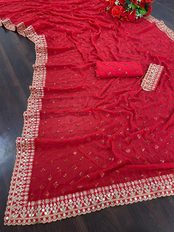 FWSNX FANCY RED GEORGETTE SAREE WITH THREAD AND SEQUINS WORK - Red