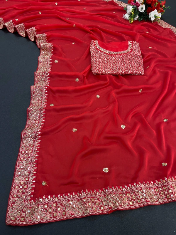 FANCY RANGOLI SILK SAREE WITH THREAD AND SEQUINS WORK - Red
