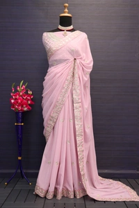 FWSNX  FANCY REAL MIRROR AND THREAD SEQUINS WORK FAUX GEORGETTE SAREE - Pink
