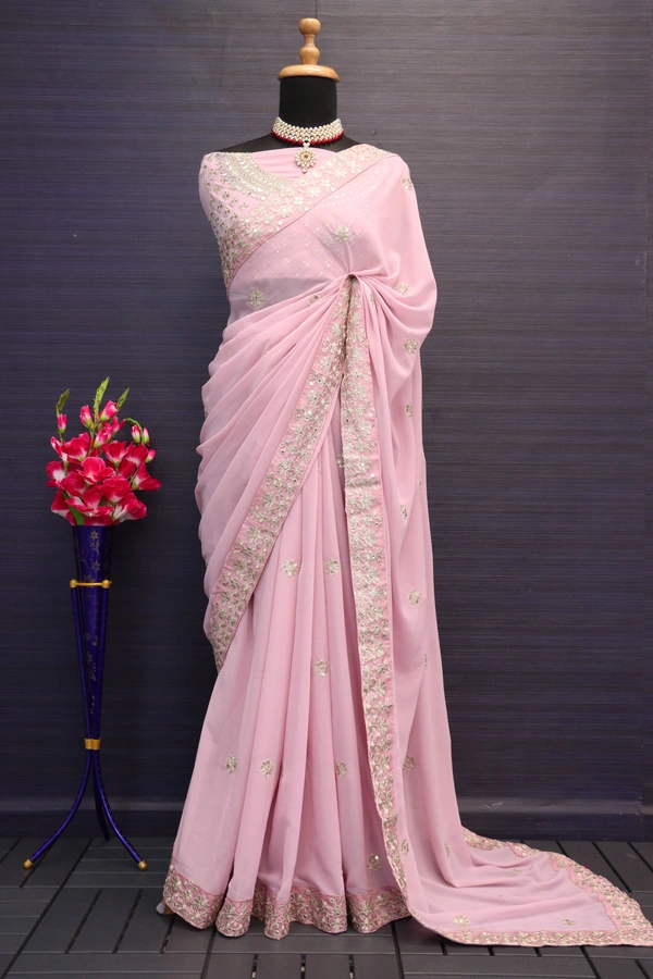 FWSNX  FANCY REAL MIRROR AND THREAD SEQUINS WORK FAUX GEORGETTE SAREE - Pink