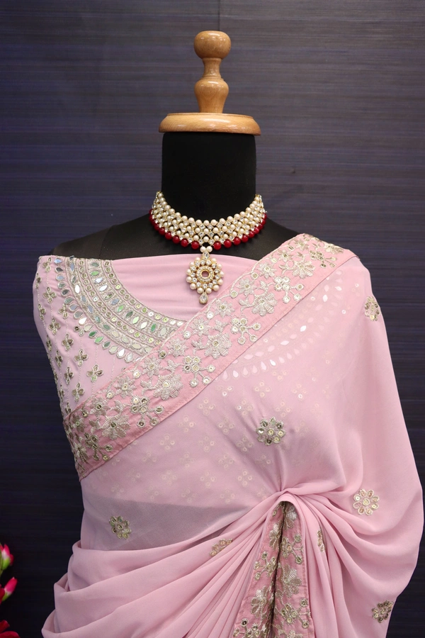 FWSNX  FANCY REAL MIRROR AND THREAD SEQUINS WORK FAUX GEORGETTE SAREE - Pink