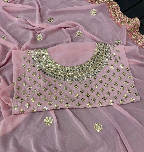 FWSNX  FANCY REAL MIRROR AND THREAD SEQUINS WORK FAUX GEORGETTE SAREE - Pink