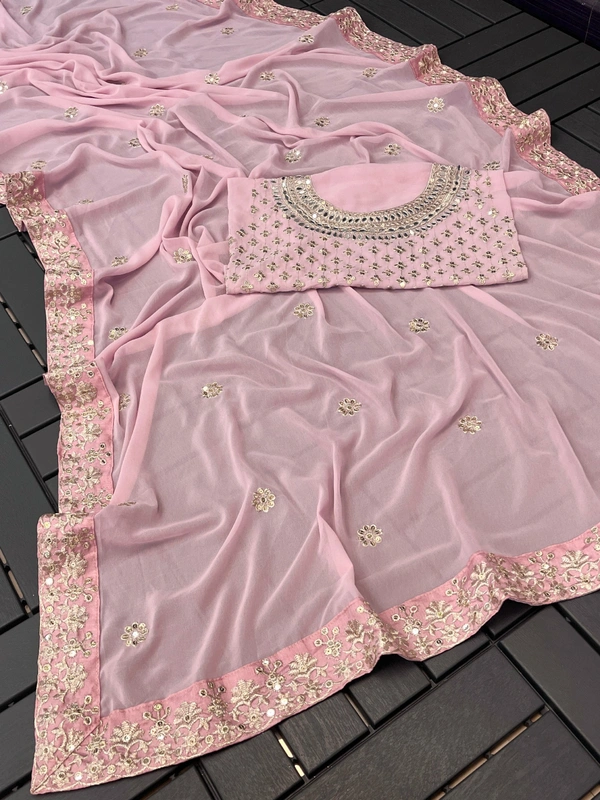 FWSNX  FANCY REAL MIRROR AND THREAD SEQUINS WORK FAUX GEORGETTE SAREE - Pink