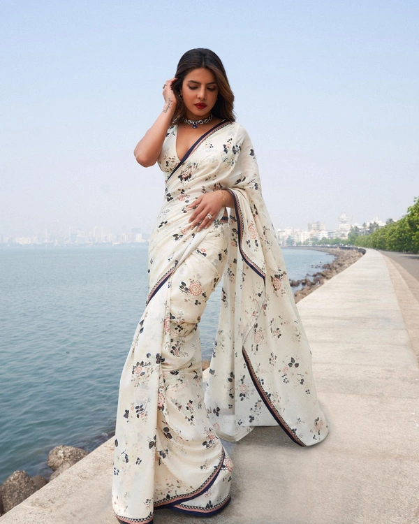 FWSNX DIGITAL PRINT SILK SATIN GEORGETTE PRINTED SAREE WITH BLOUSE PIECE - White