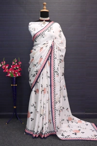 FWSNX DIGITAL PRINT SILK SATIN GEORGETTE PRINTED SAREE WITH BLOUSE PIECE - White