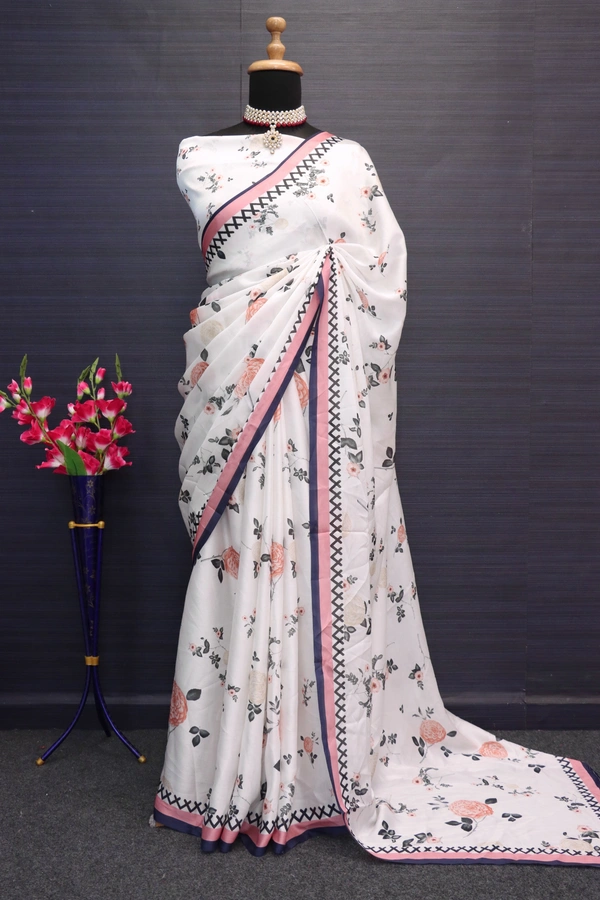 FWSNX DIGITAL PRINT SILK SATIN GEORGETTE PRINTED SAREE WITH BLOUSE PIECE - White