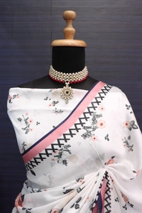 FWSNX DIGITAL PRINT SILK SATIN GEORGETTE PRINTED SAREE WITH BLOUSE PIECE - White