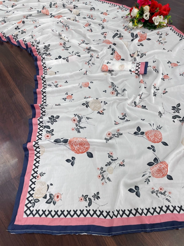 FWSNX DIGITAL PRINT SILK SATIN GEORGETTE PRINTED SAREE WITH BLOUSE PIECE - White