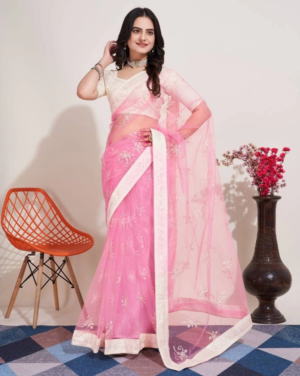 FWVLS SOFT NET CHIKANKARI EMBROIDERED SAREE WITH PIPING BORDER AND BLOUSE PIECE - Pink