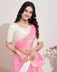 FWVLS SOFT NET CHIKANKARI EMBROIDERED SAREE WITH PIPING BORDER AND BLOUSE PIECE - Pink
