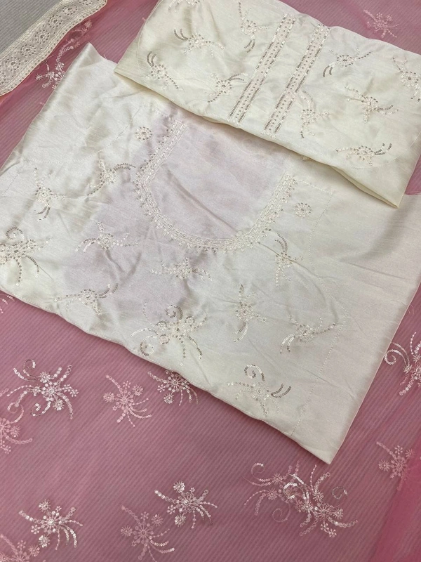 FWVLS SOFT NET CHIKANKARI EMBROIDERED SAREE WITH PIPING BORDER AND BLOUSE PIECE - Pink
