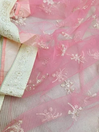 FWVLS SOFT NET CHIKANKARI EMBROIDERED SAREE WITH PIPING BORDER AND BLOUSE PIECE - Pink