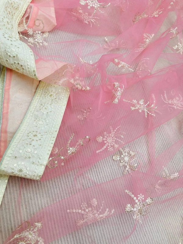 FWVLS SOFT NET CHIKANKARI EMBROIDERED SAREE WITH PIPING BORDER AND BLOUSE PIECE - Pink