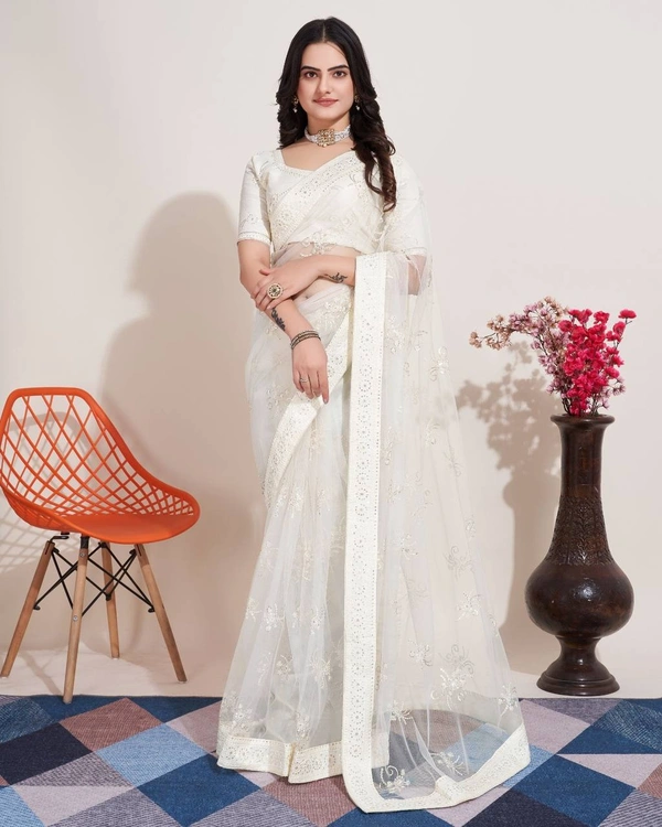 FWVLS SOFT NET CHIKANKARI EMBROIDERED SAREE WITH PIPING BORDER AND BLOUSE PIECE - White