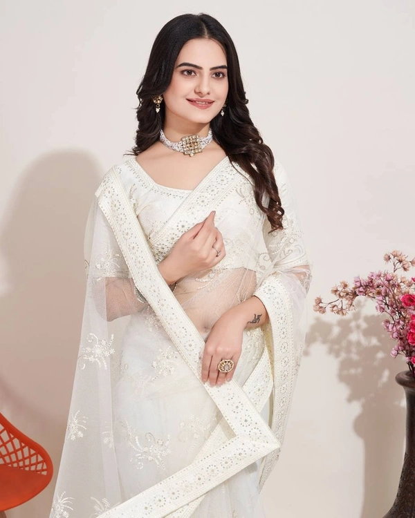 FWVLS SOFT NET CHIKANKARI EMBROIDERED SAREE WITH PIPING BORDER AND BLOUSE PIECE - White