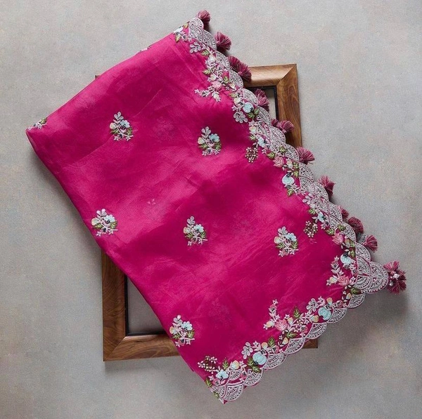 FANCY SOFT ORGENZA SAREE MULTI BUTTA WORK NAD CUTWORK BORDER - Pink Salmon