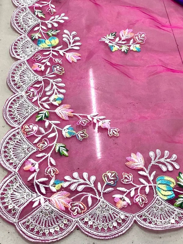 FANCY SOFT ORGENZA SAREE MULTI BUTTA WORK NAD CUTWORK BORDER - Pink Salmon