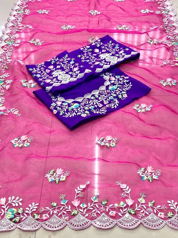 FANCY SOFT ORGENZA SAREE MULTI BUTTA WORK NAD CUTWORK BORDER - Pink Salmon