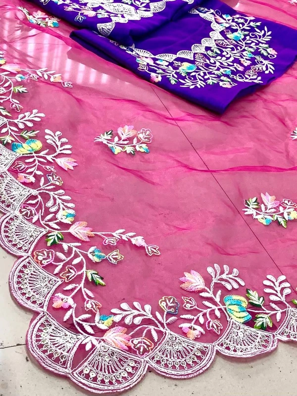 FANCY SOFT ORGENZA SAREE MULTI BUTTA WORK NAD CUTWORK BORDER - Pink Salmon