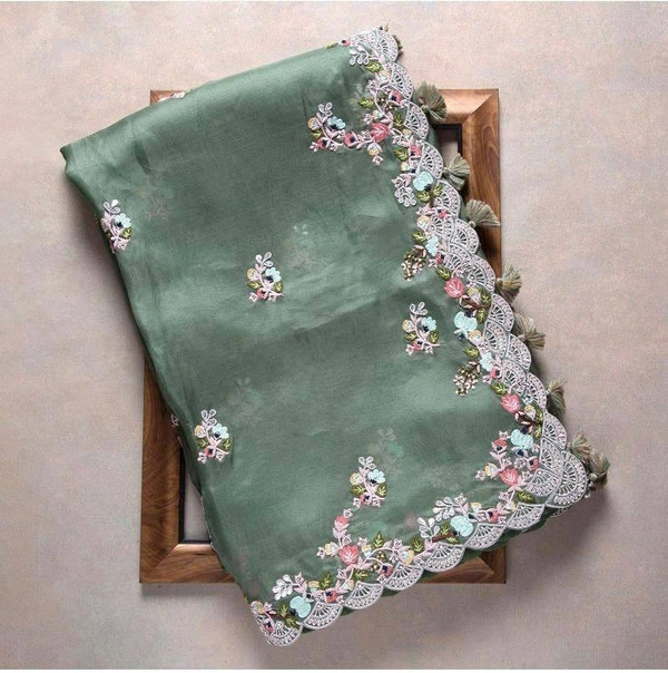FANCY SOFT ORGENZA SAREE MULTI BUTTA WORK NAD CUTWORK BORDER - Algae Green