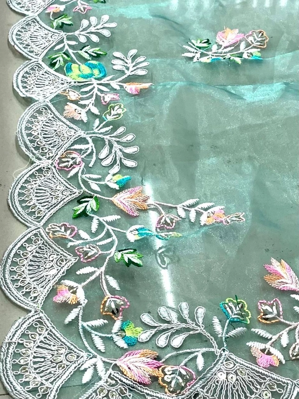 FANCY SOFT ORGENZA SAREE MULTI BUTTA WORK NAD CUTWORK BORDER - Algae Green